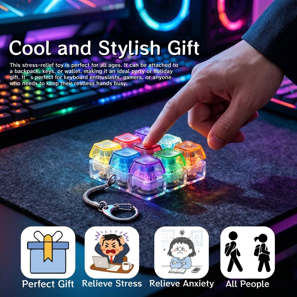 Keyboard Fidget Stress Relief Keychain for Kids & Adults